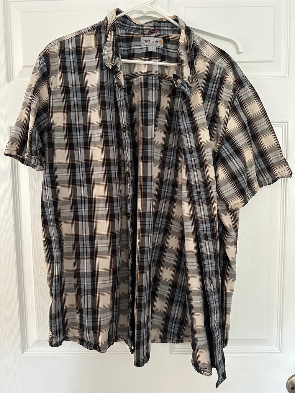 Carhartt Men’s Short-Sleeve Plaid Button-Down Shirt - Black, Cream & Brown